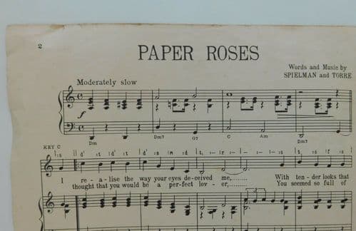 Paper Roses 1960 vintage sheet music Kaye Sisters sad love song Spielman Torre